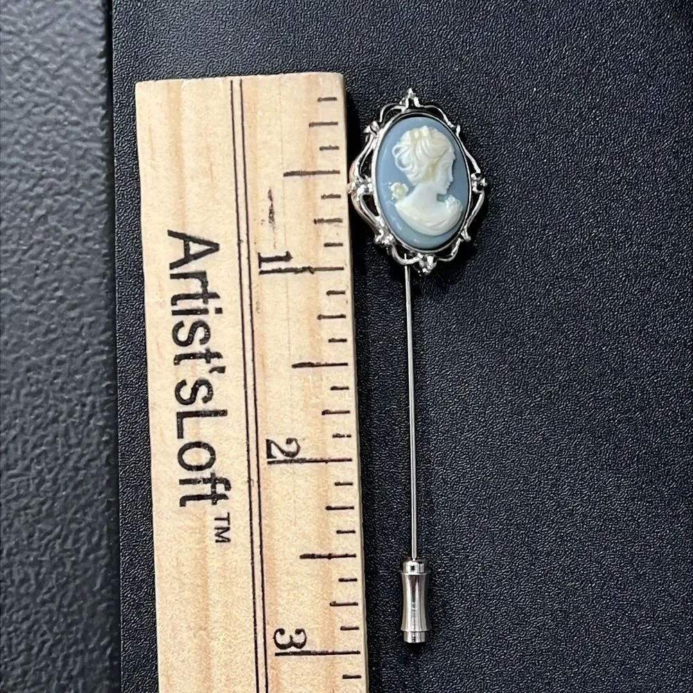 Trifari Vintage Cameo Hat Pin Brooch Stick Pin Silver Tone Blue White 3 Inch - Picture 8 of 10